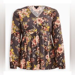 Torrid 2 Gray Blouse Floral Pink Clay Ivory Yellow Accents - Flounce hem